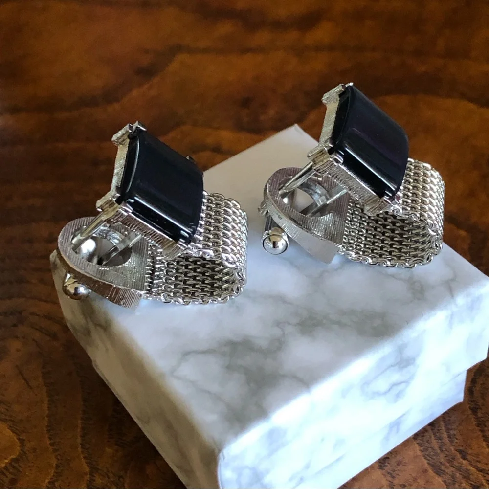 Vintage Swank hematite silver mesh wrap style cuff links